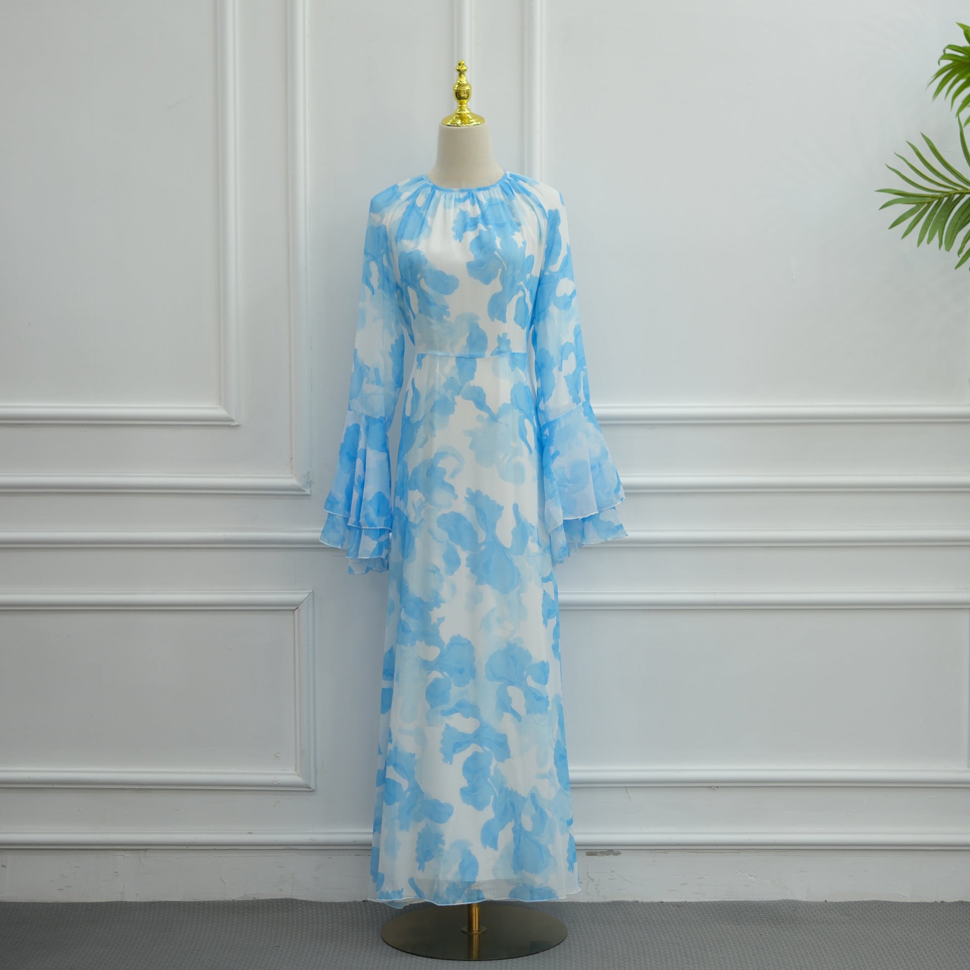 Watercolour Print Double-Layer Flared-Sleeve Maxi Dress(MA479)