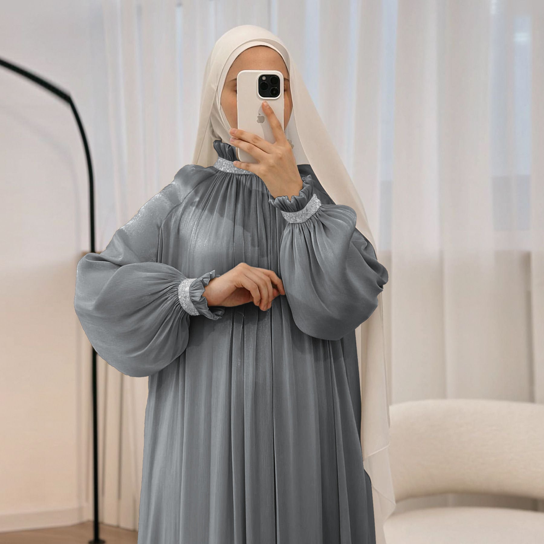 Elegant Glossy Flower Cuff Sequinned Abaya (MA140)