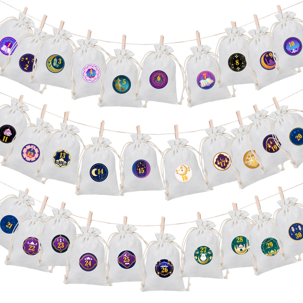 Ramadan 1–30 Countdown Calendar Gift Bag Set Drawstring Hanging Pouches (MAC385)