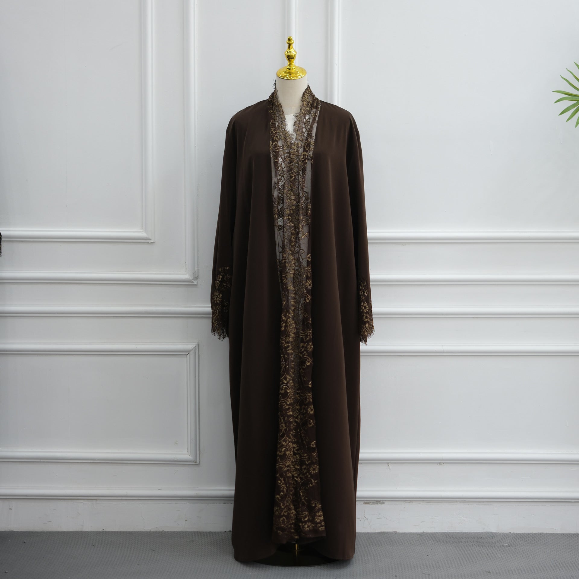 Lace-Panel Flared-Sleeve Open Abaya with Pockets(MOA332)