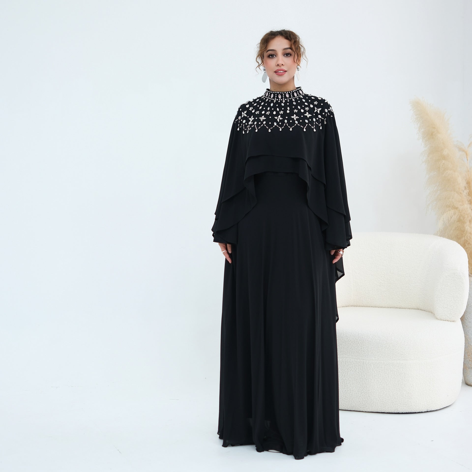 Crystal Embellished Cape Sleeve Chiffon Maxi Dress Set(MS461)