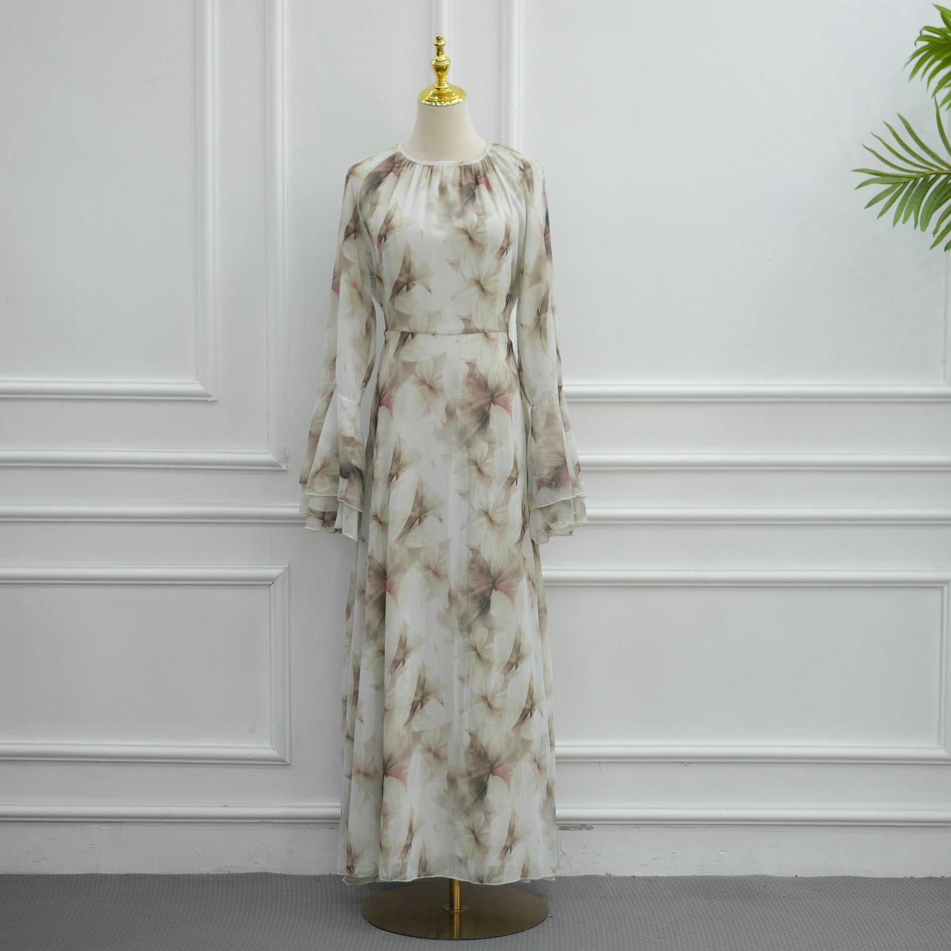 Watercolour Print Double-Layer Flared-Sleeve Maxi Dress(MA479)