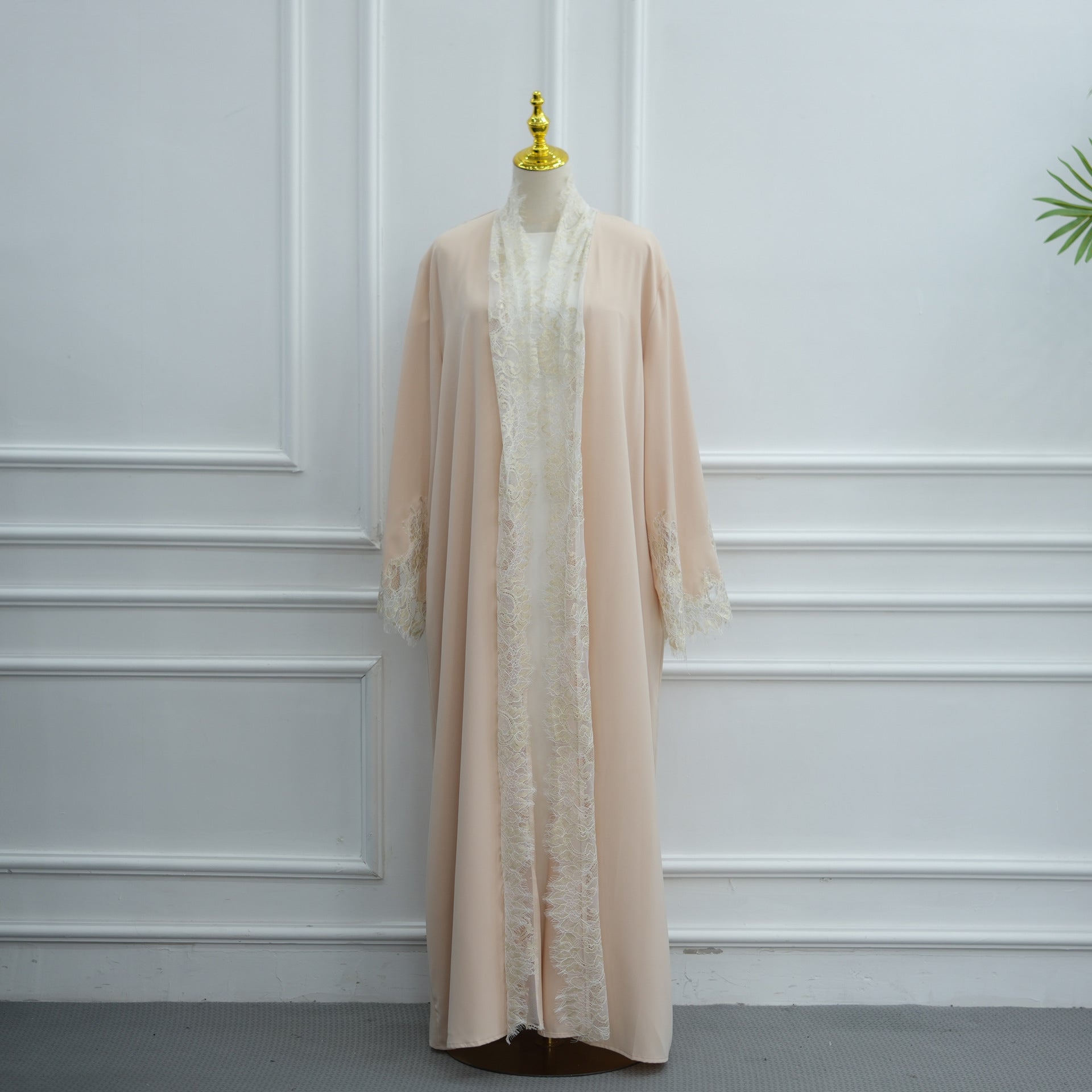 Lace-Panel Flared-Sleeve Open Abaya with Pockets(MOA332)