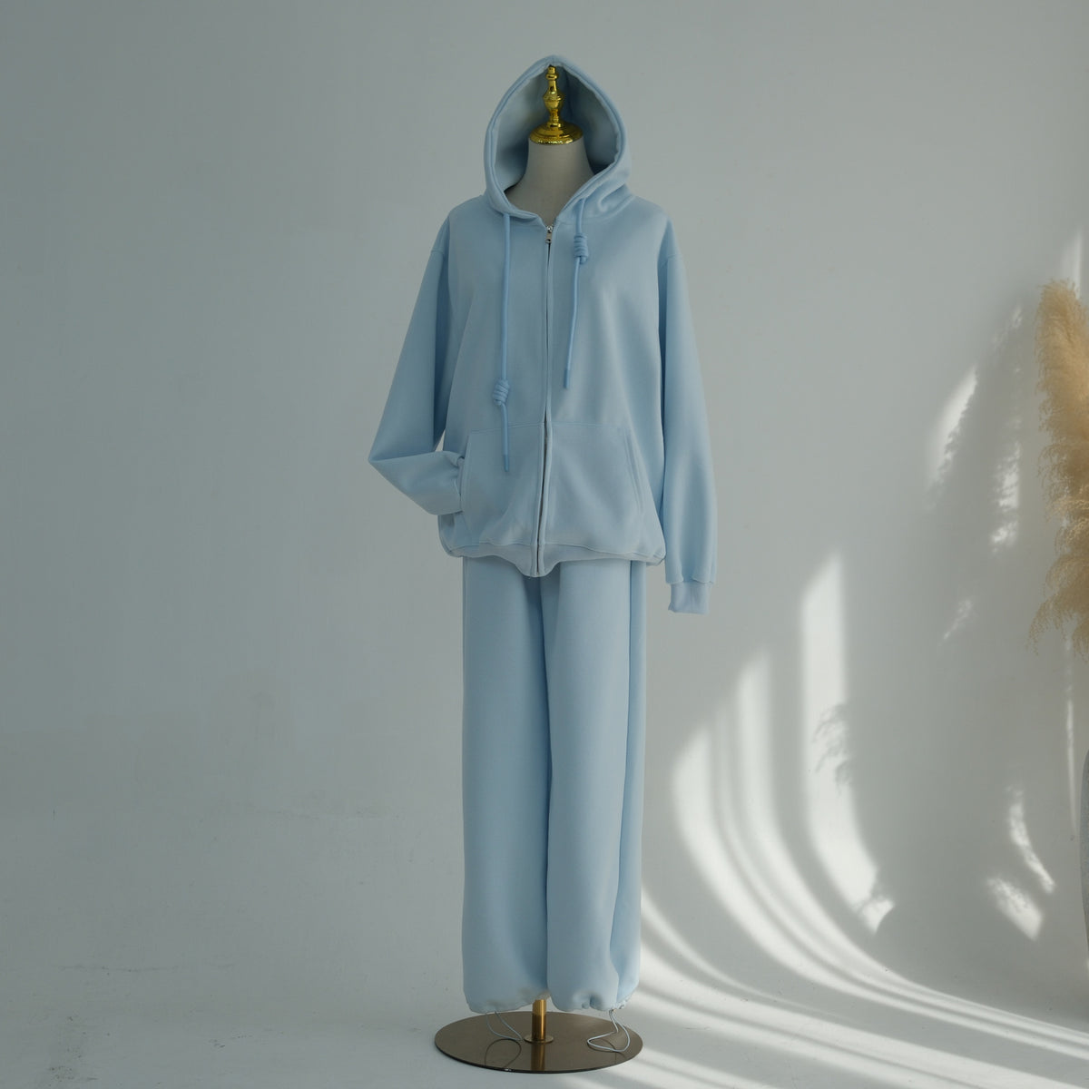Zip-Up Hoodie & Wide-Leg Pants Set | Casual Modest Athleisure Two-Piece Outfit(MS595)