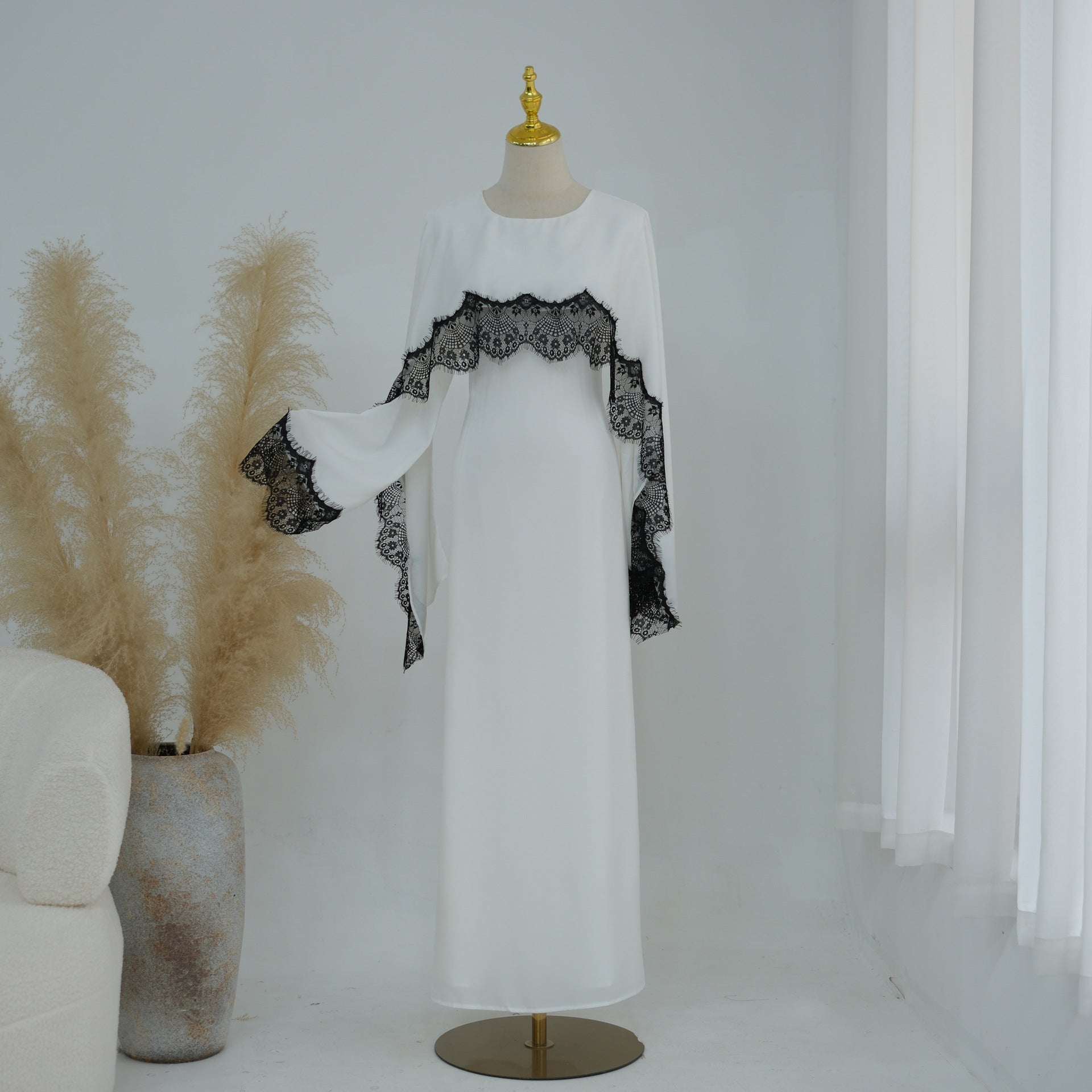 Lace Splice Satin Maxi Dress with Fixed Cape(MS438)
