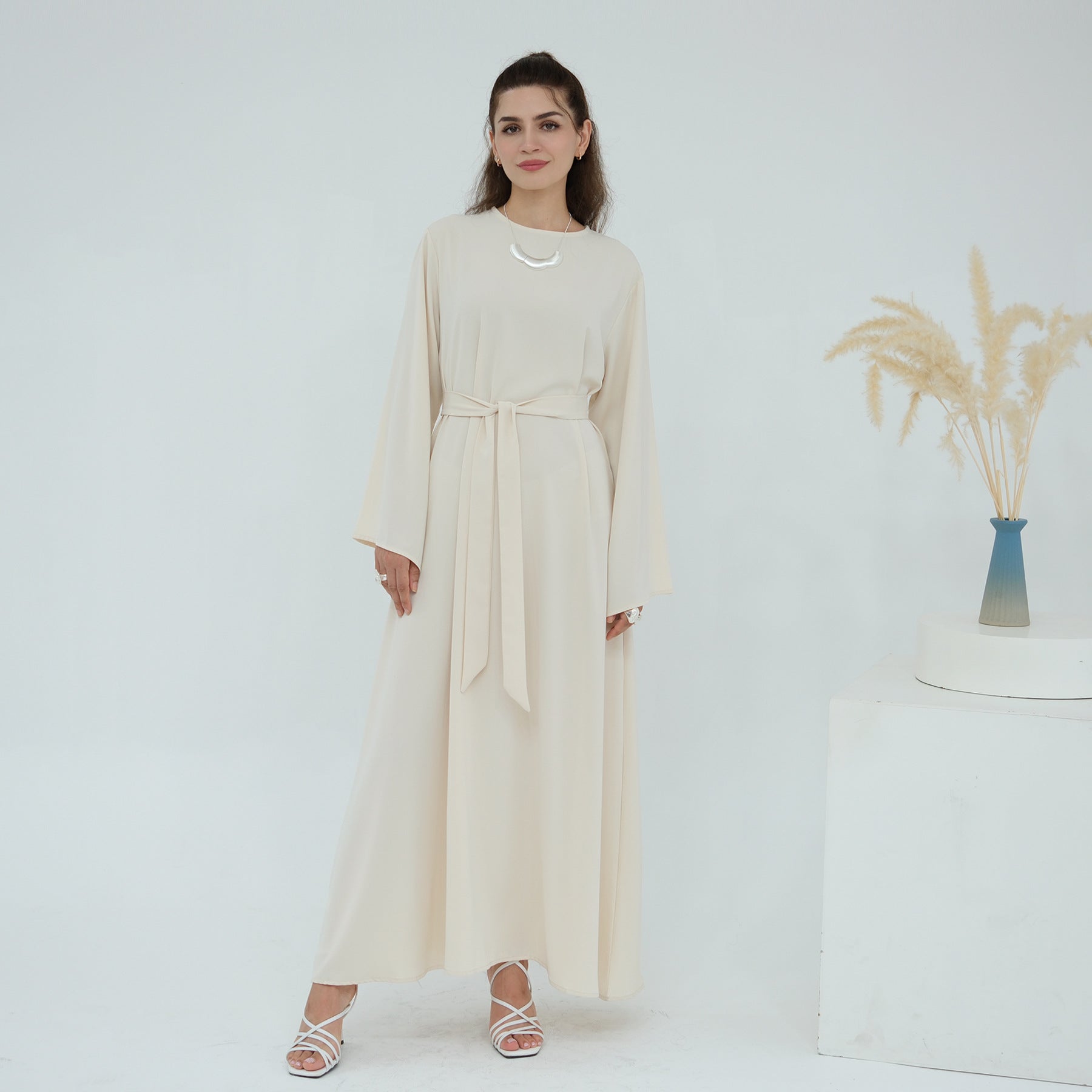 Solid Color Nida Abaya with Belt | A-Line Maxi Dress(MA359)