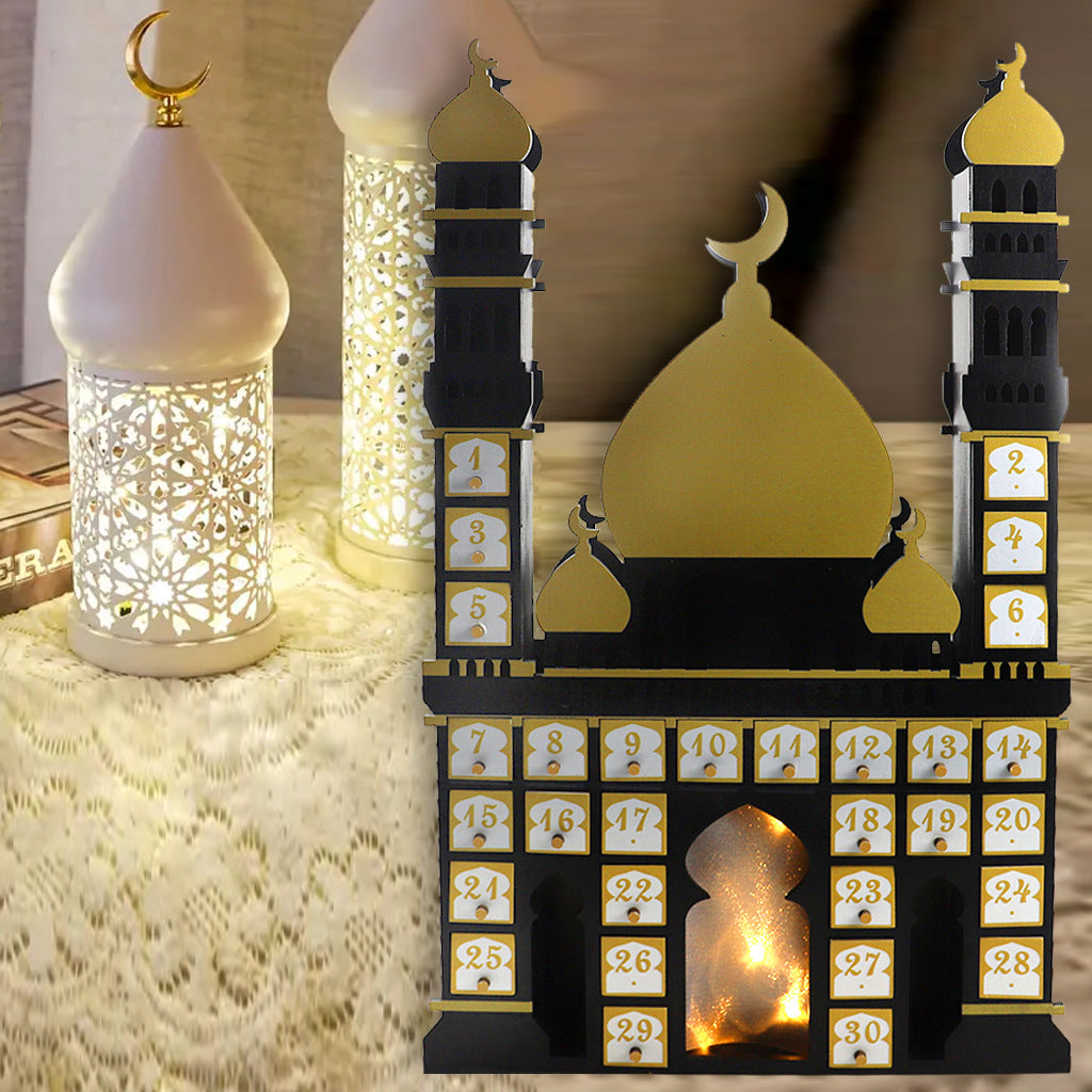 Decorative Advent calendar with Islamic architectural elements on a textured surface.