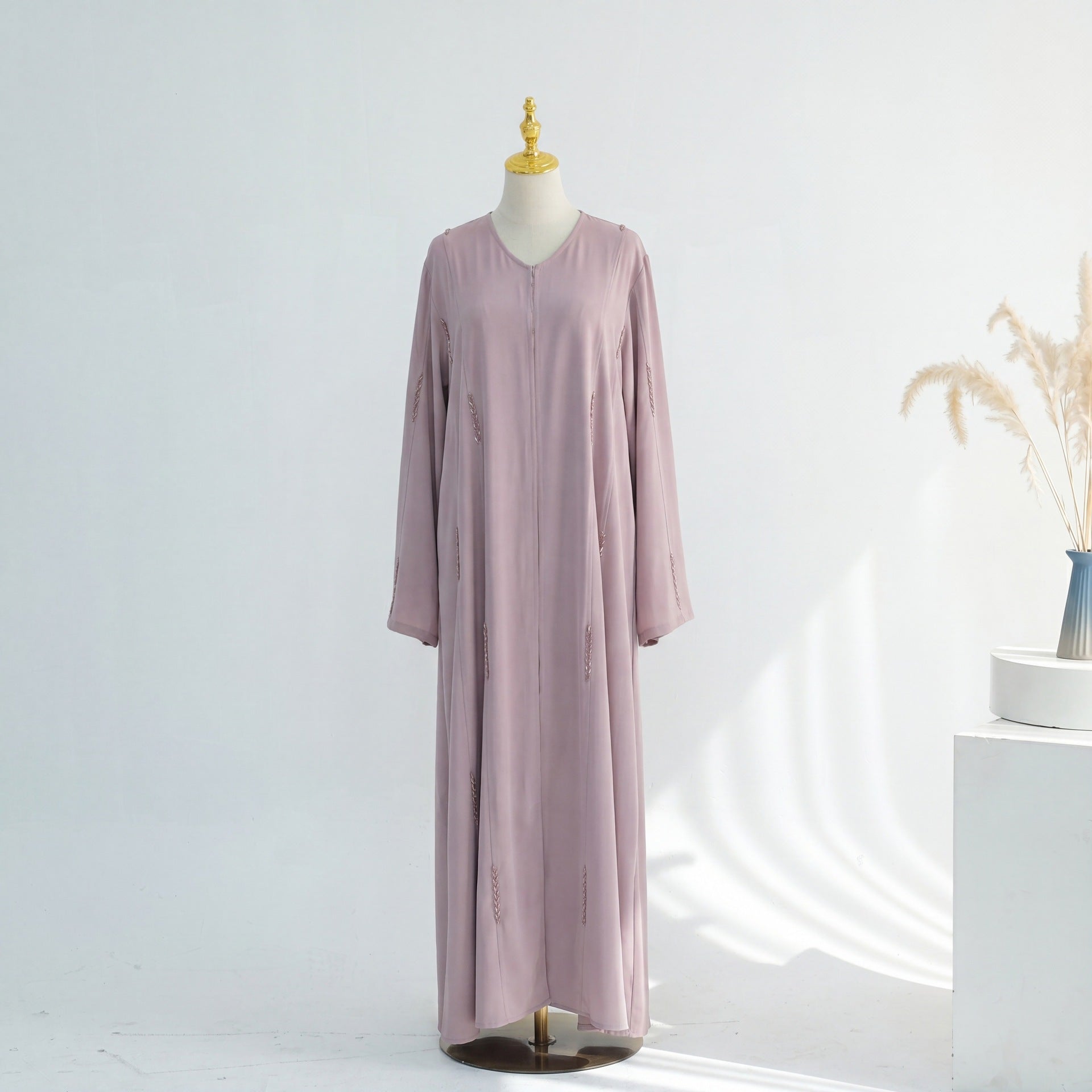 Hand-Beaded Linen Open Abaya(MOA320)