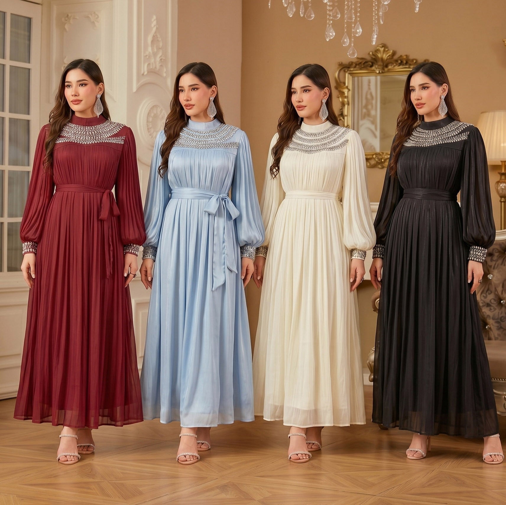 Luxury Rhinestone Collar Maxi Dress(MA440)