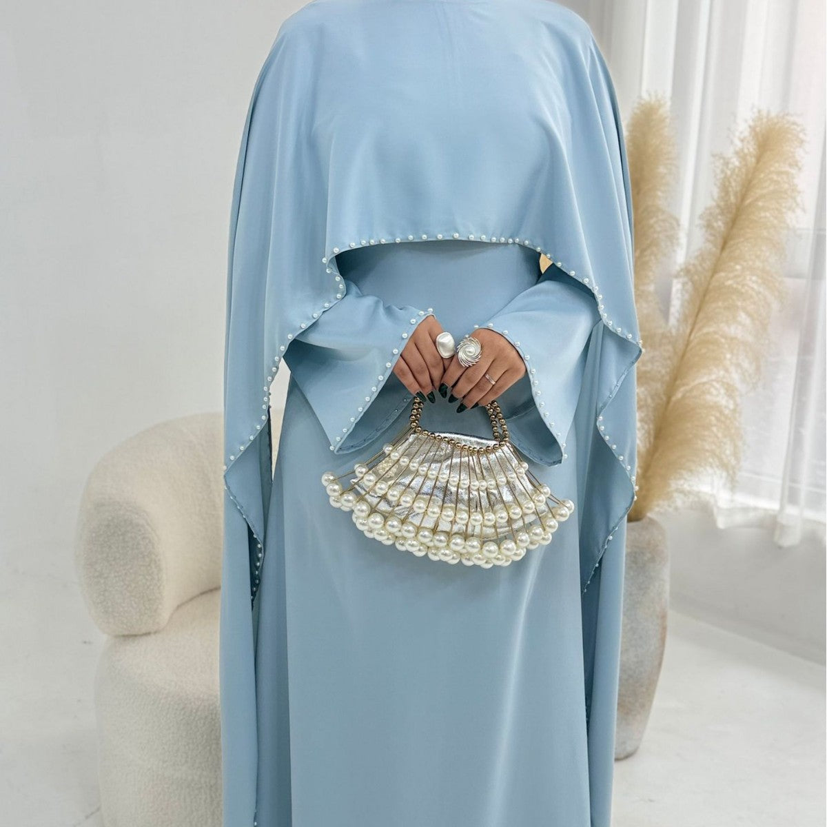 Pearl Embellished Kaftan Abaya | Luxury Cape Sleeve Maxi Dress(MA382)