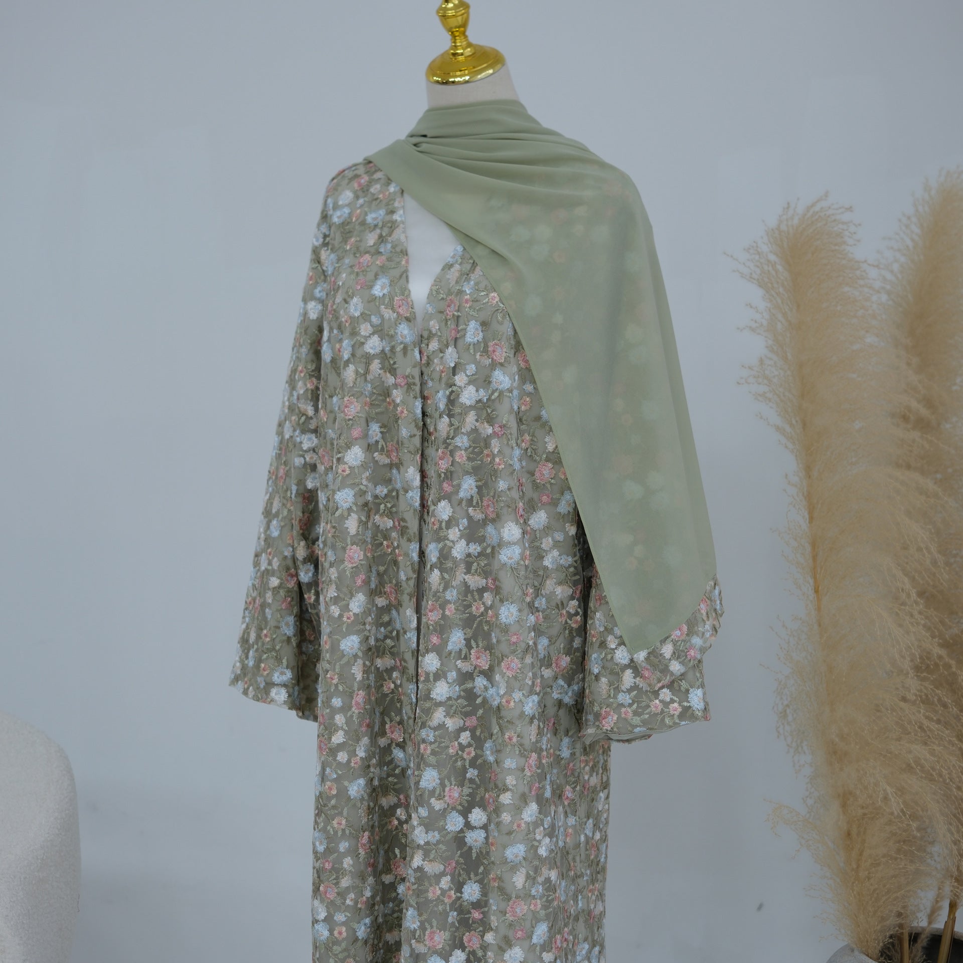Floral Embroidered Mesh Open Abaya & Hijab Set(MOA321)
