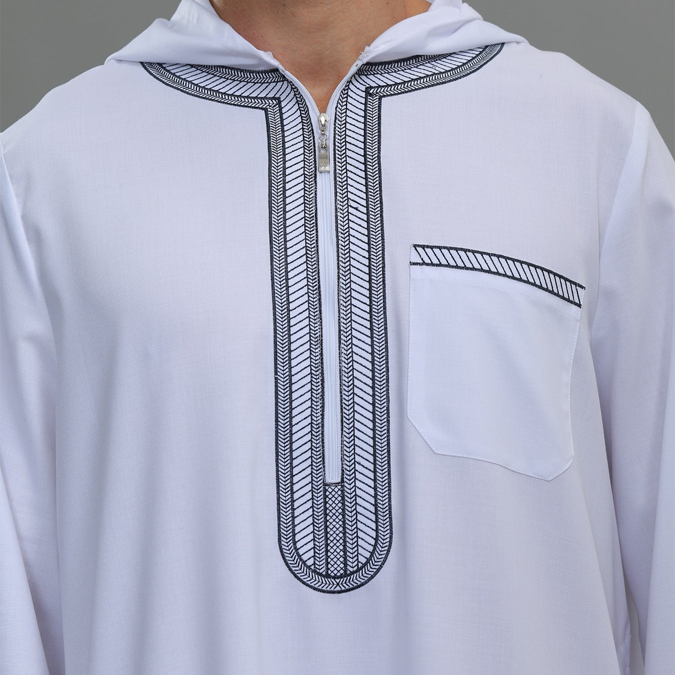 Men's Hooded Embroidered Thobe with Pockets(MT037)