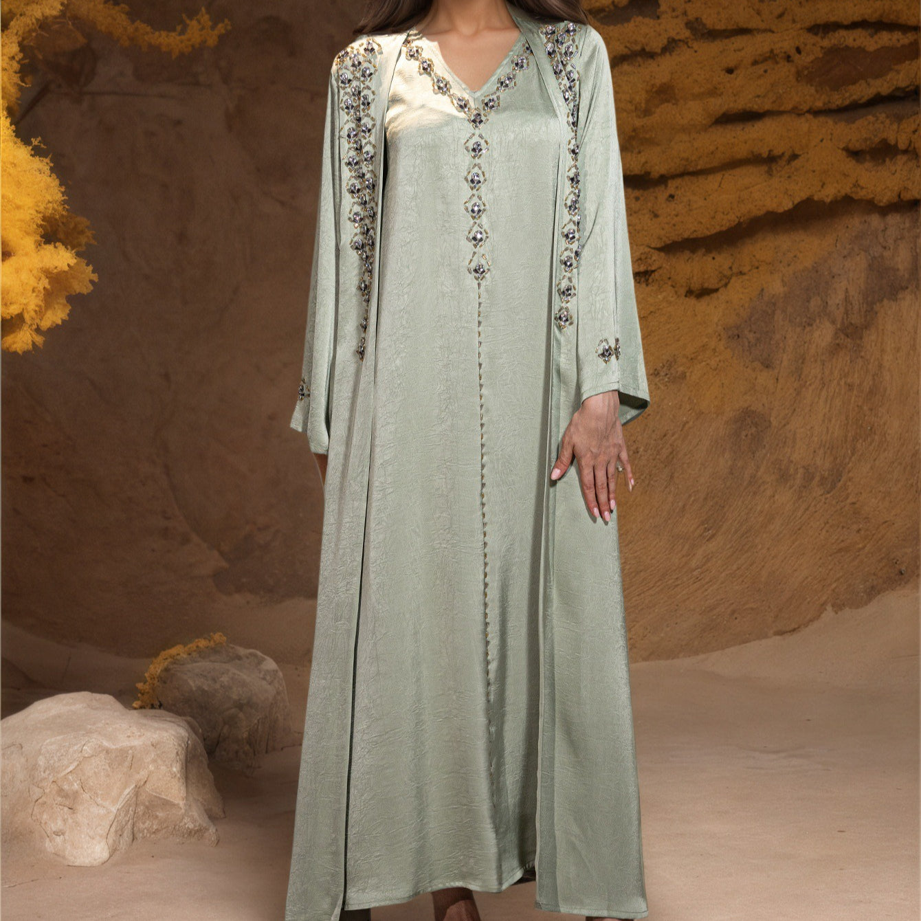 Beaded Two-Piece Abaya Set with Jacket | Embellished Kaftan Gown(MOA269)