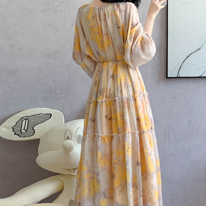 Watercolor Print Chiffon Maxi Dress | Long Sleeve Tiered Dress(MS270)