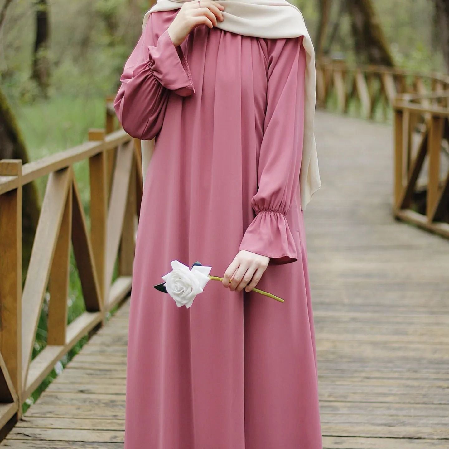 Bell Sleeve Chiffon Abaya | Round Neck Pocket Maxi Dress(MA363)