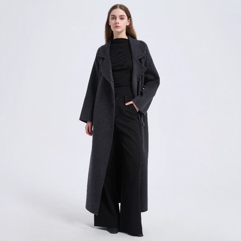 Long Wool Blend Trench Coat Abaya | Double-Breasted Belted Overcoat(MS188)