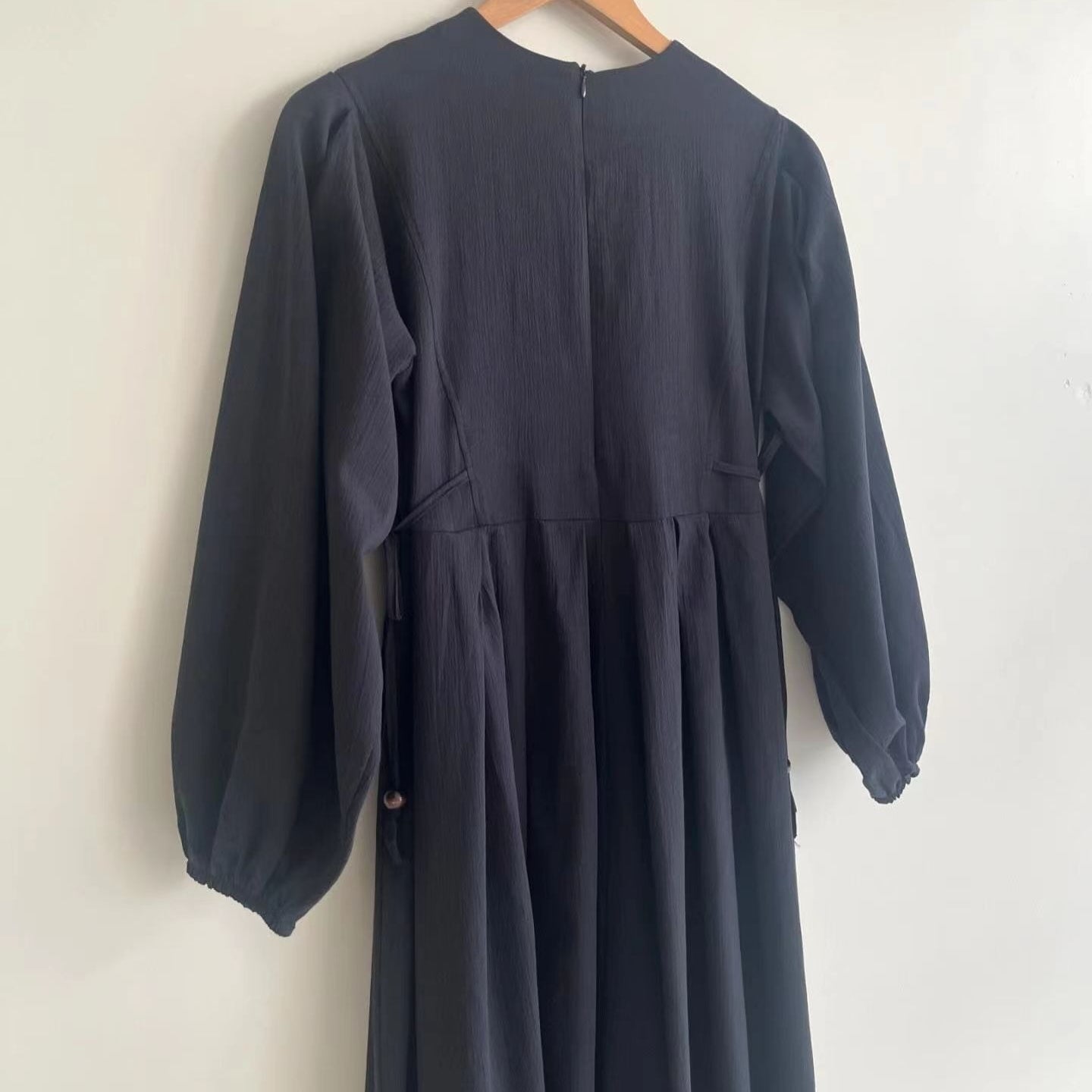 Tie-Waist Bubble Sleeve Abaya | Pleated Maxi Dress with Back Zip(MA364)