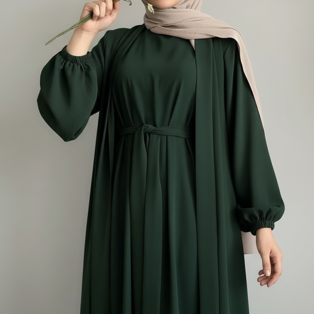 Solid Color Elegant Open Abaya with Pockets | 3 - Piece Set Open Abaya (MOA092) - Mariam's Collection