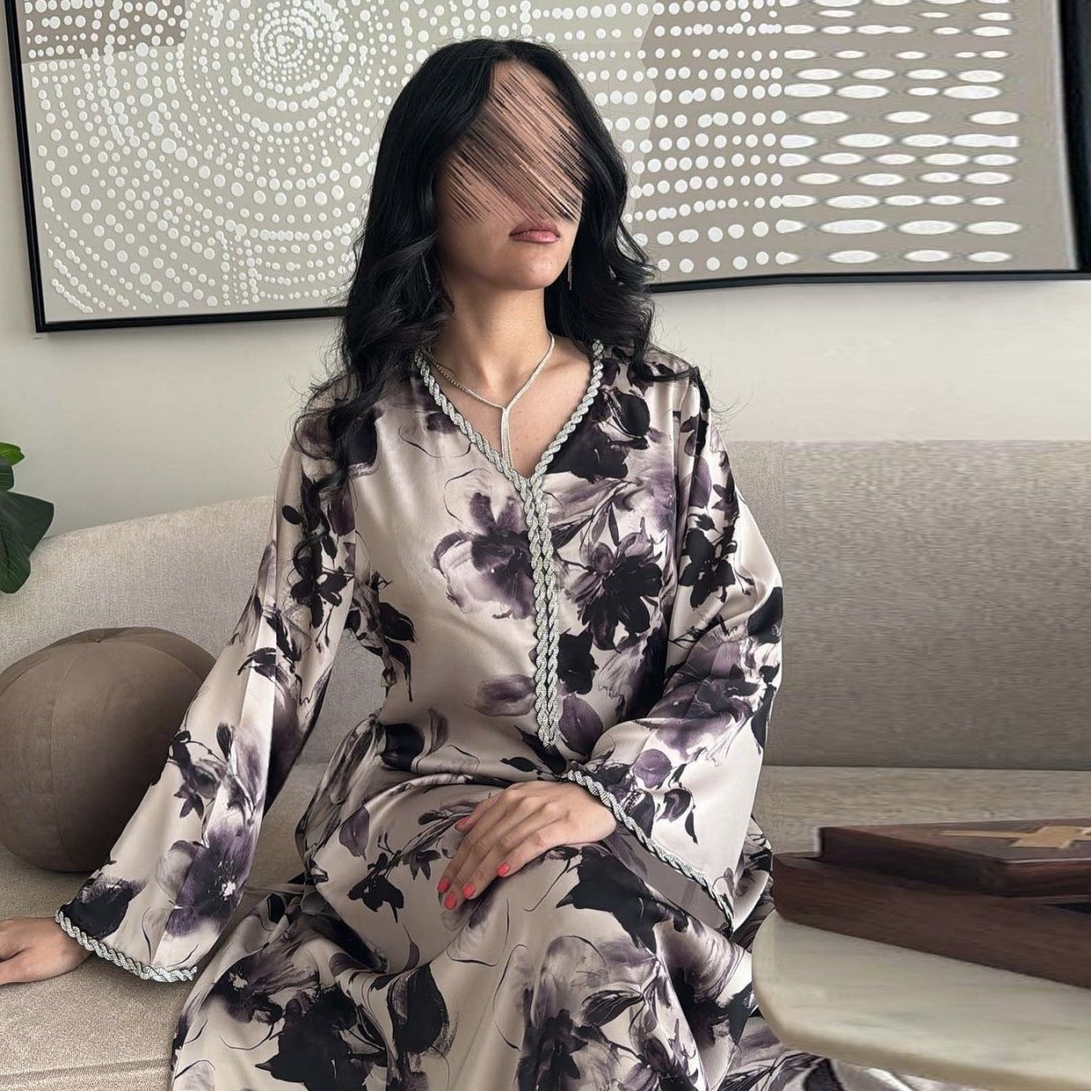 Abaya WIth Printed Design | Fashion Abaya With Diamonds (MA156) - Mariam's Collection