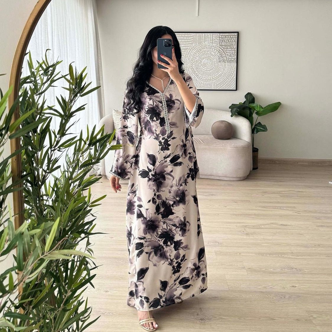 Abaya WIth Printed Design | Fashion Abaya With Diamonds (MA156) - Mariam's Collection