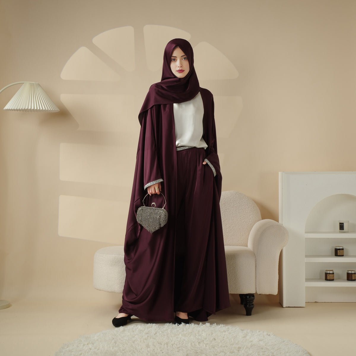 Abaya With Satin Shirt And Rhinestone Trousers | 4 - Piece Set Abaya (MOA060) - Mariam's Collection