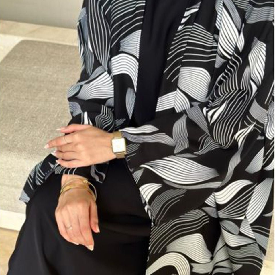 Abstract Wave Print Kimono Abaya | Oversized Open-Front Cardigan Abaya