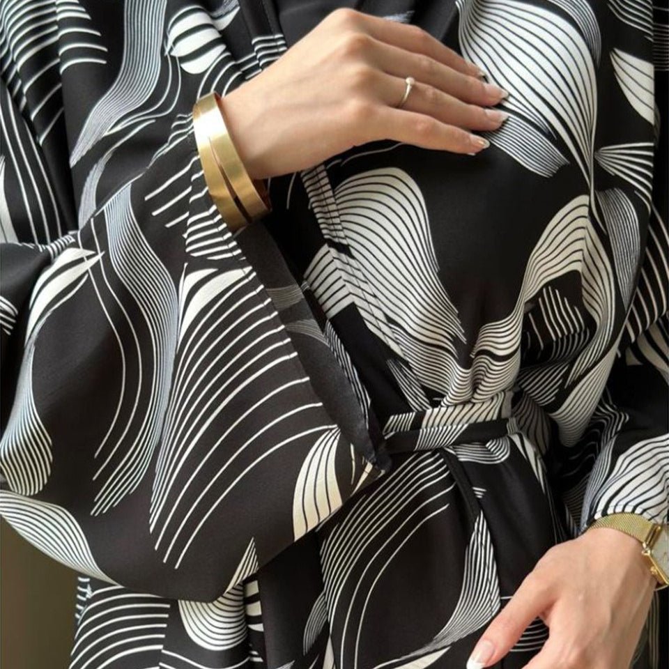 Abstract Wave Print Kimono Abaya | Oversized Open - Front Cardigan(MOA265) - Mariam's Collection