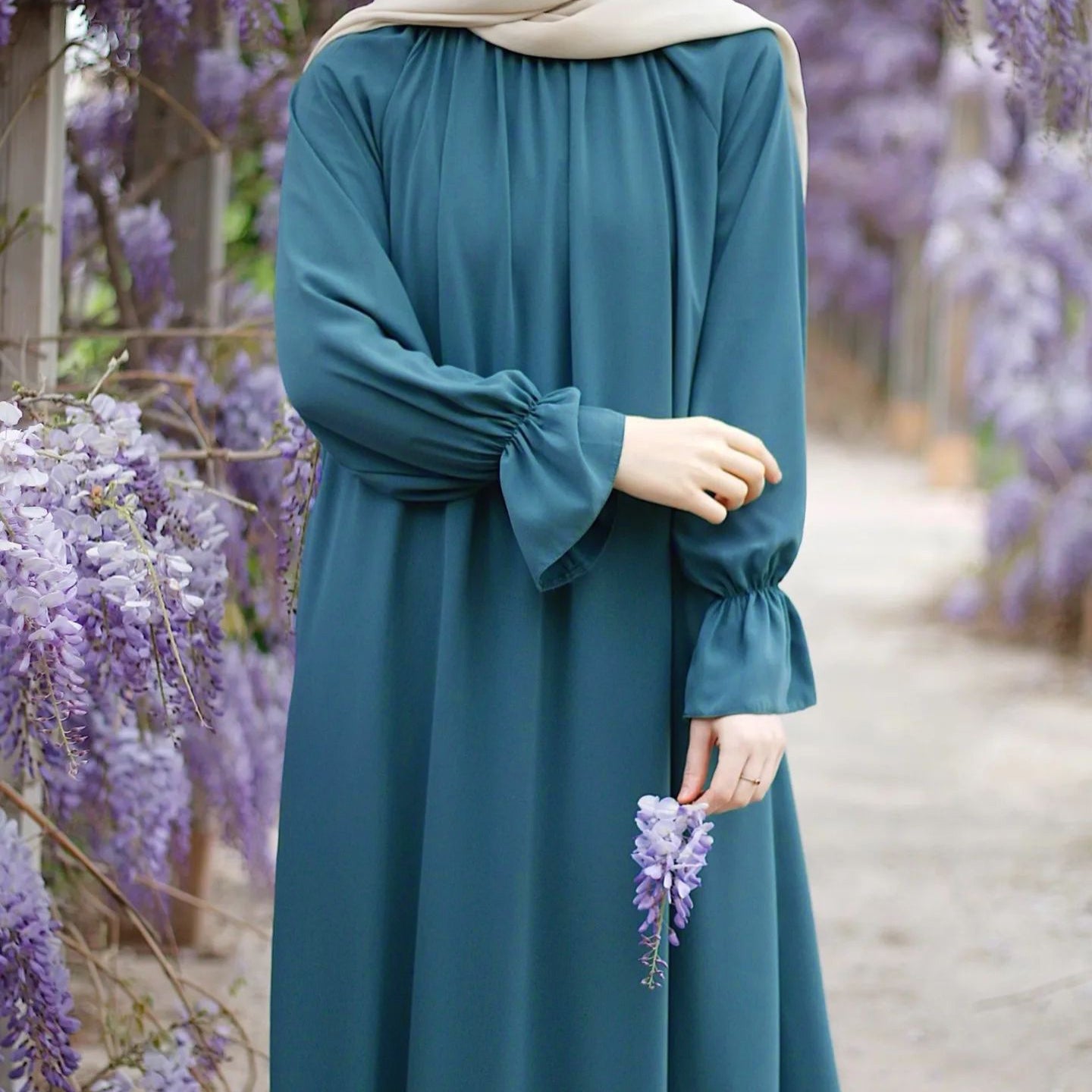 Bell Sleeve Chiffon Abaya | Round Neck Pocket Maxi Dress(MA363)