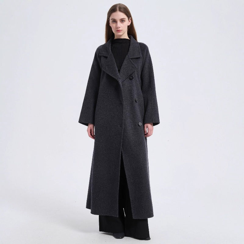 Long Wool Blend Trench Coat Abaya | Double-Breasted Belted Overcoat(MS188)