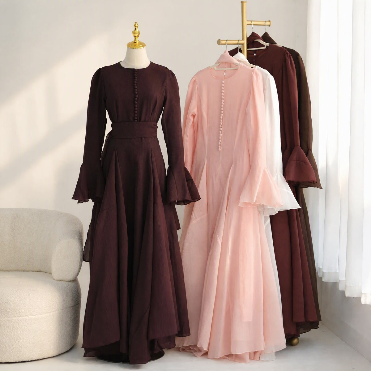 Accordion-Pleat Maxi Dress & Scarf Set(MS596) - Mariam's Collection