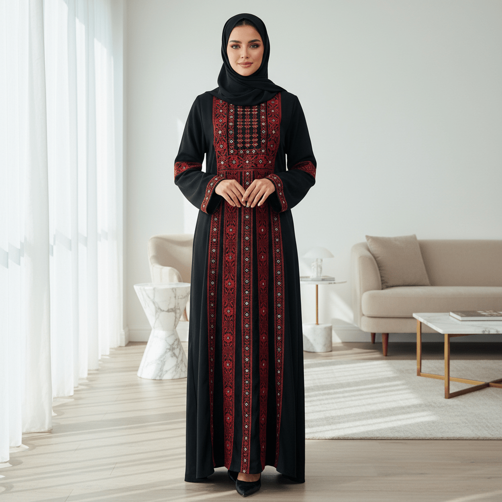 Acetate - like Mesh Tatreez Traditional Palestinian Heritage Abaya (MA253) - Mariam's Collection