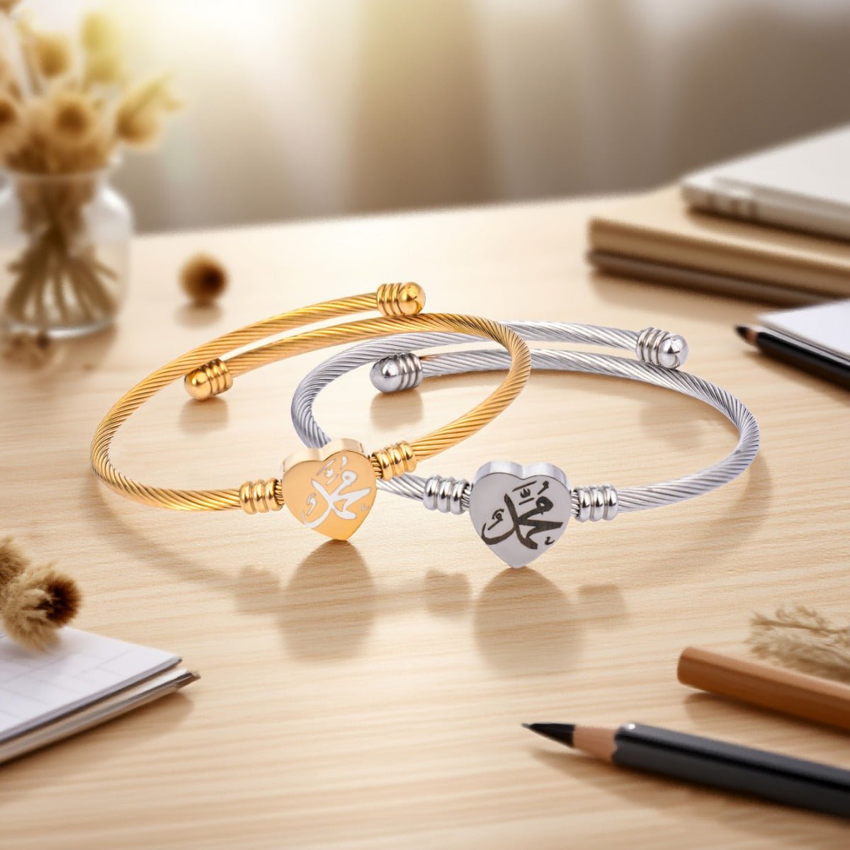 Allah Heart Bracelet Set Islamic Calligraphy Jewelry with Twisted Rope Design. (MAC246) - Mariam's Collection