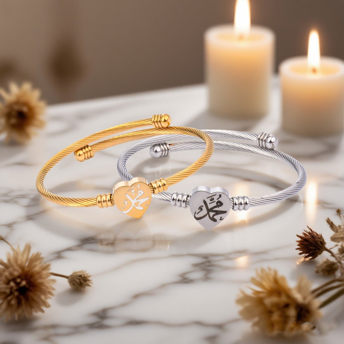 Allah Heart Bracelet Set Islamic Calligraphy Jewelry with Twisted Rope Design. (MAC246) - Mariam's Collection