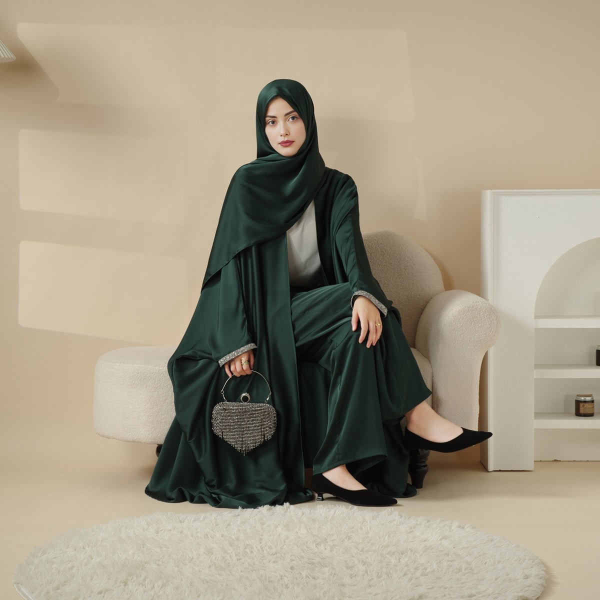 Archive Piece Abaya With Satin Shirt And Rhinestone Trousers - MP002 (Size M Only) - Mariam's Collection