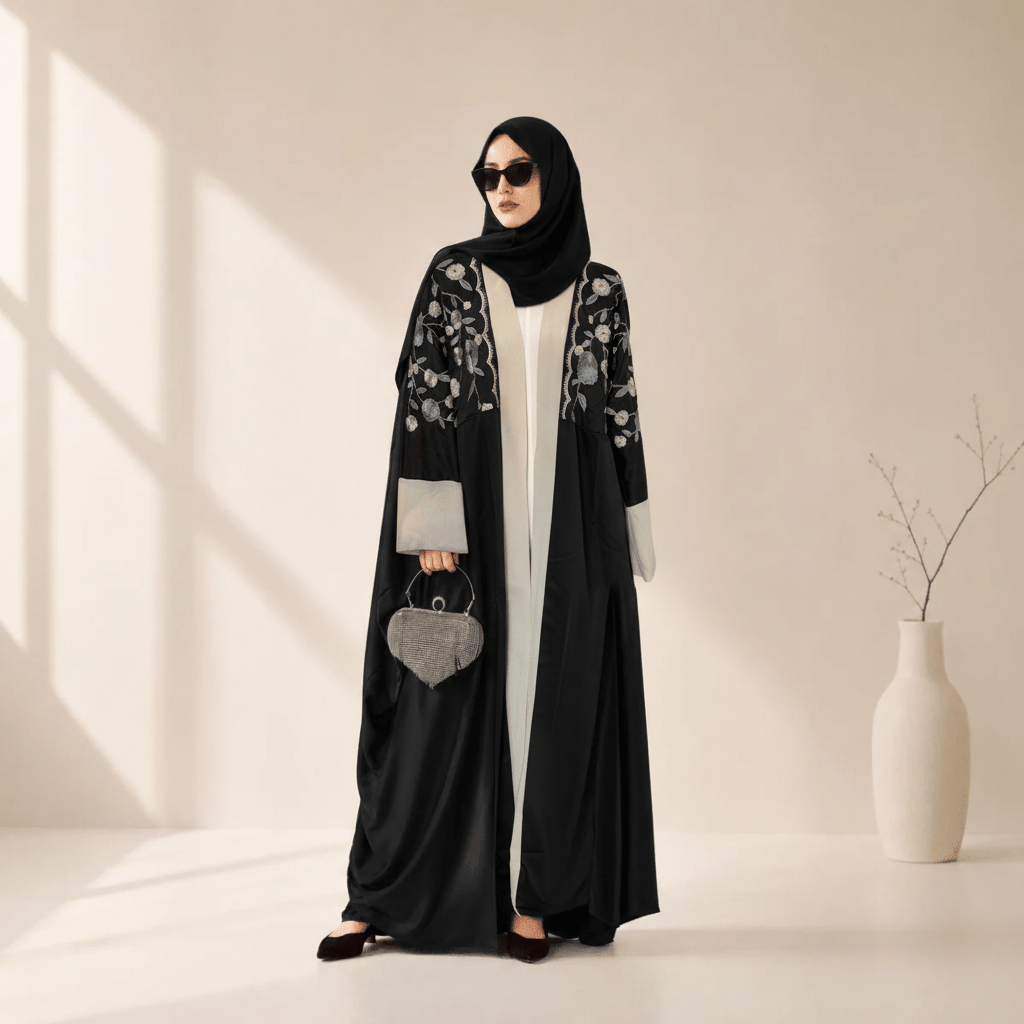 Archive Piece Floral Embroidered Satin Open Abaya - MP057 (Size L Only) - Mariam's Collection