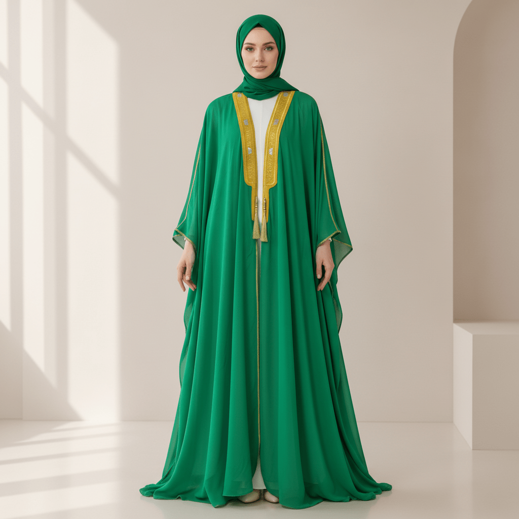 Archive Piece Gold Geometric Embroidered Tassel-Trim Open Kaftan - MP052 (Size XXL Only) - Mariam's Collection
