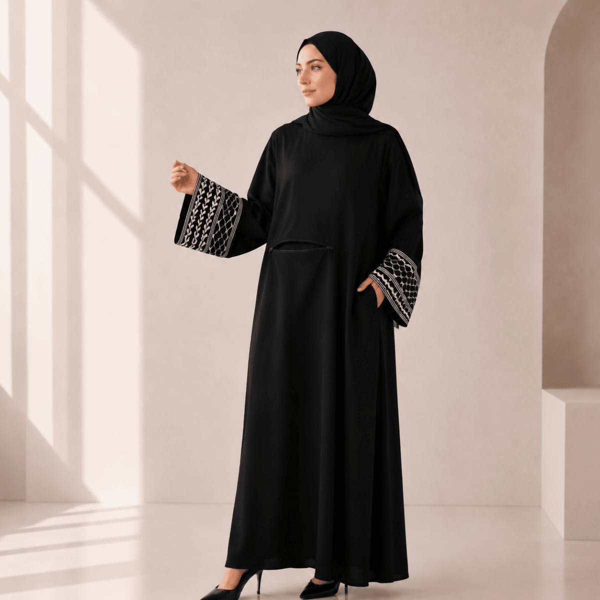 Archive Piece Keffiyeh-Embroidered Cuff Integrated Hijab Prayer Abaya - MP050 (Size Free Size Only) - Mariam's Collection