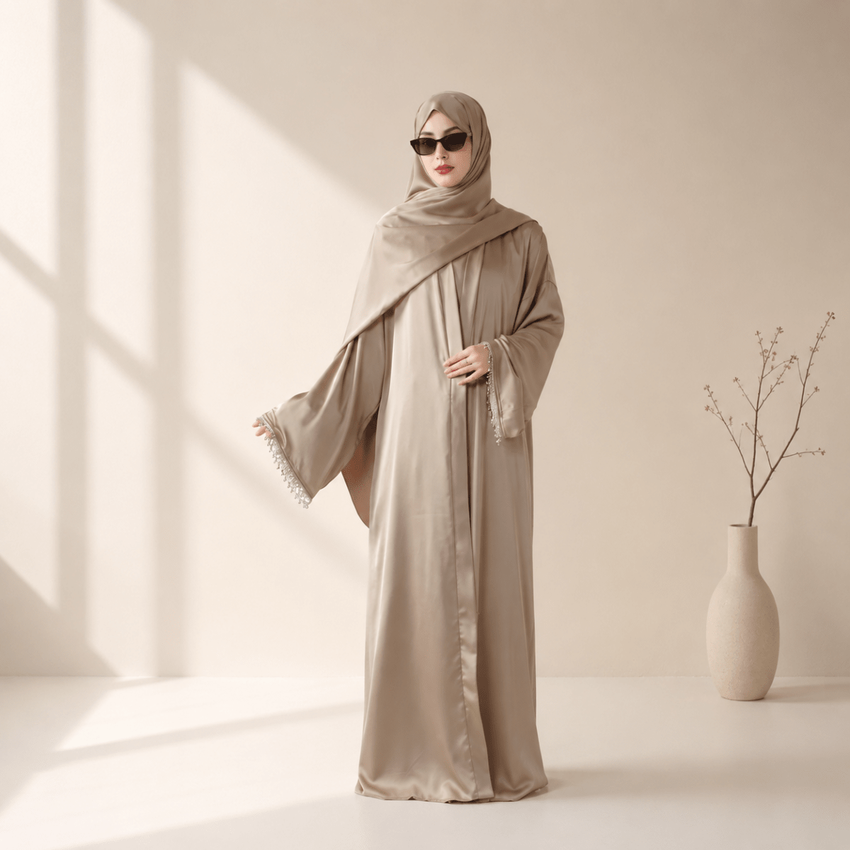 Archive Piece Satin Abaya With Matching Belt Made Of Diamond Tassel - MP003 (Size XXS/XS Only) - Mariam's Collection