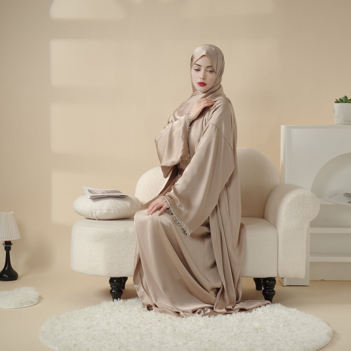 Archive Piece Satin Abaya With Matching Belt Made Of Diamond Tassel - MP003 (Size XXS/XS Only) - Mariam's Collection