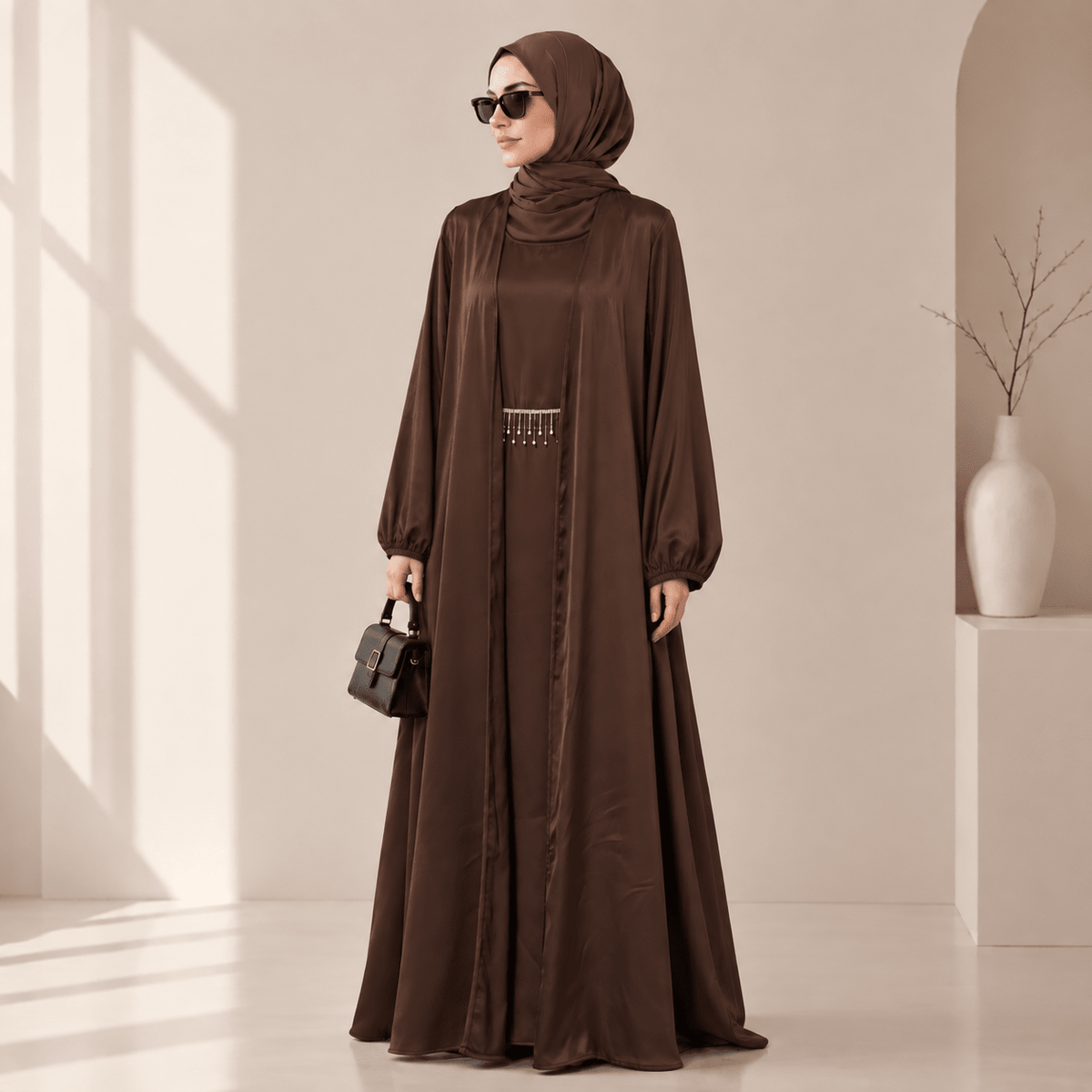 Satin Three-Piece Abaya Set – Archive Open Abaya Robe