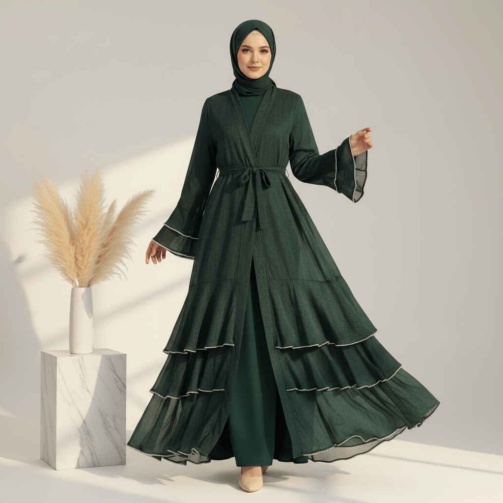 Archive Piece Shimmer Crepe Open Abaya & Belt Set - MP013 (Size M Only) - Mariam's Collection