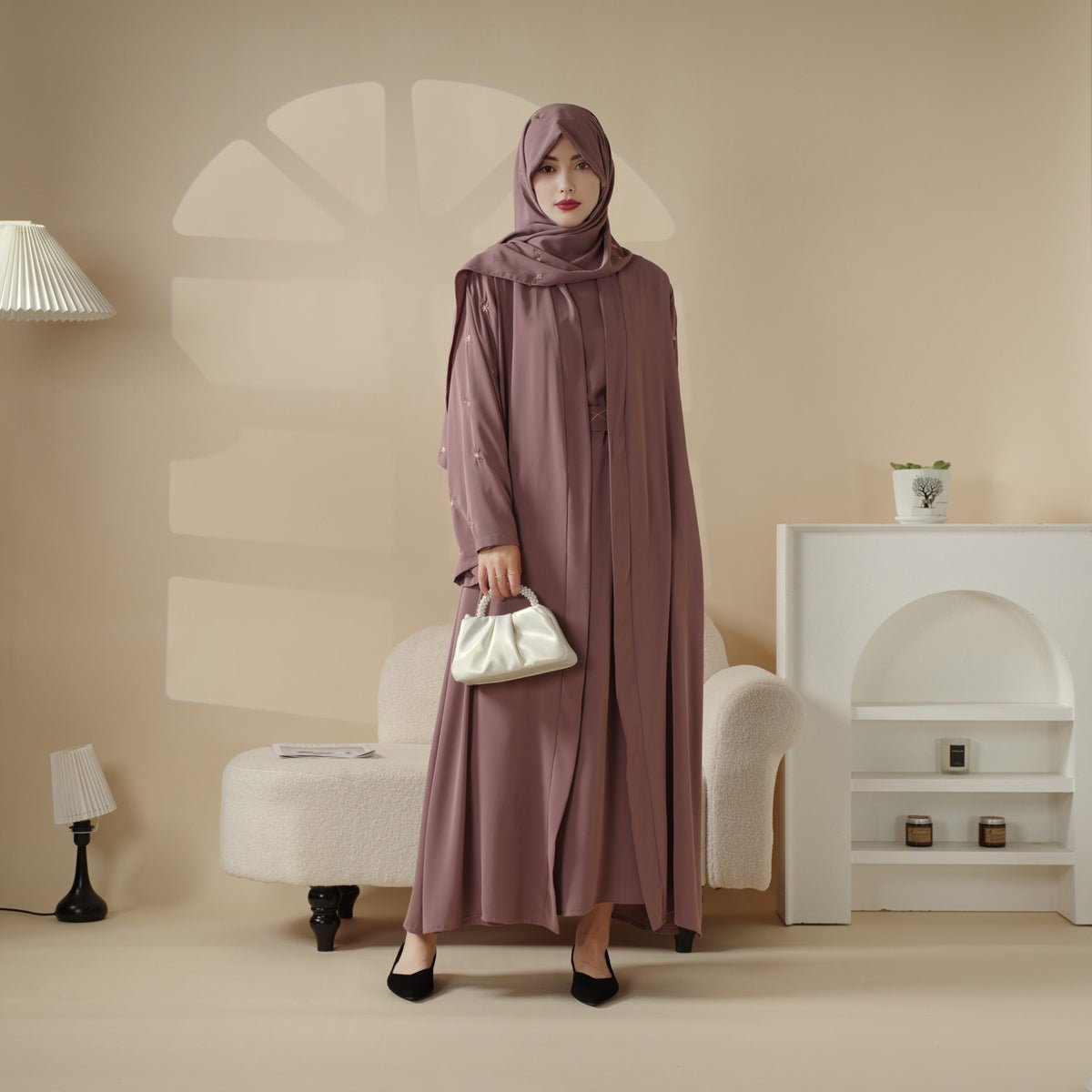 Archive Piece Tulip Embroidery Open Abaya 4-Piece Set - MP005 (Size M/S Only) - Mariam's Collection