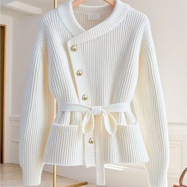Asymmetric Belted Knit Cardigan | Korean Style Button - Front Sweater(MS201) - Mariam's Collection