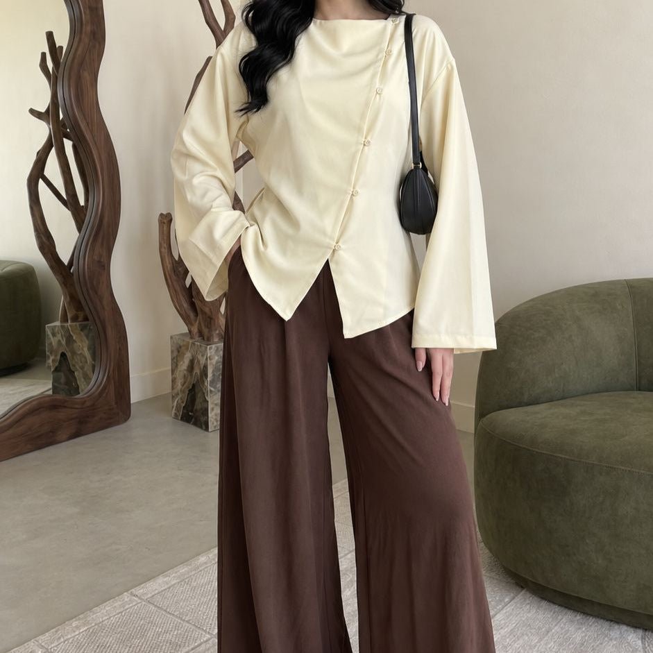 Asymmetric Button Long-Sleeve Modest Top – Work & Casual Blouse