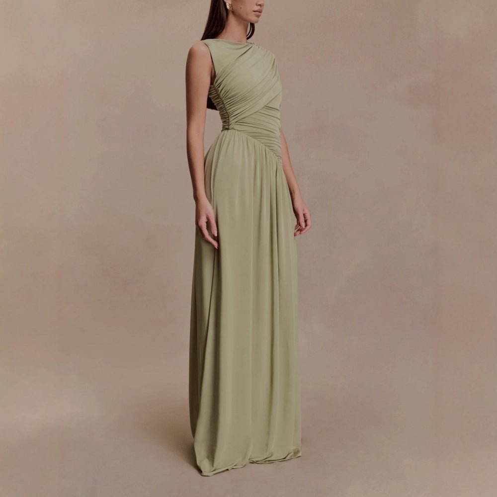 Front view of one-shoulder ruched bodice on sage green jersey maxi dress