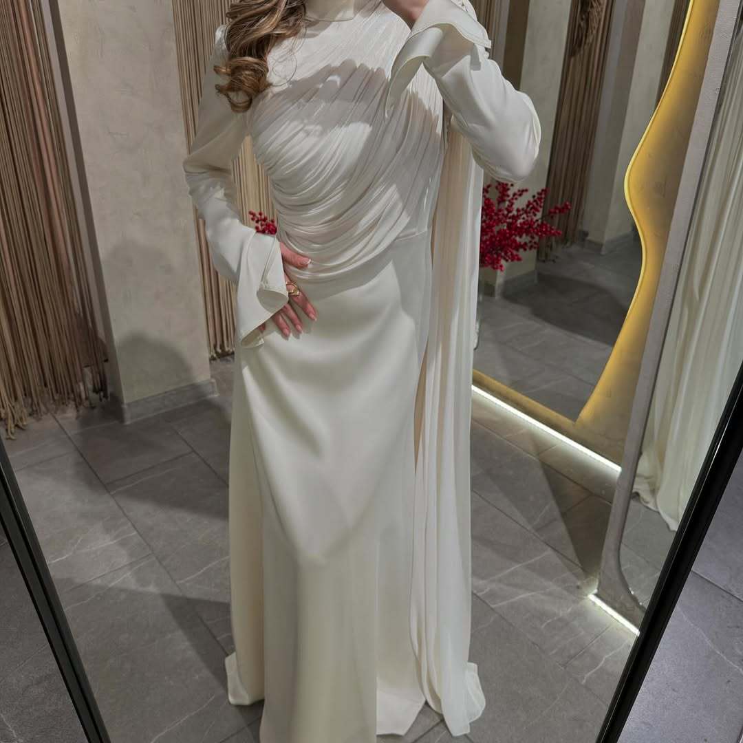 Asymmetric Draped White Evening Gown | Ruched Cape Sleeve Maxi Dress(MA354) - Mariam's Collection