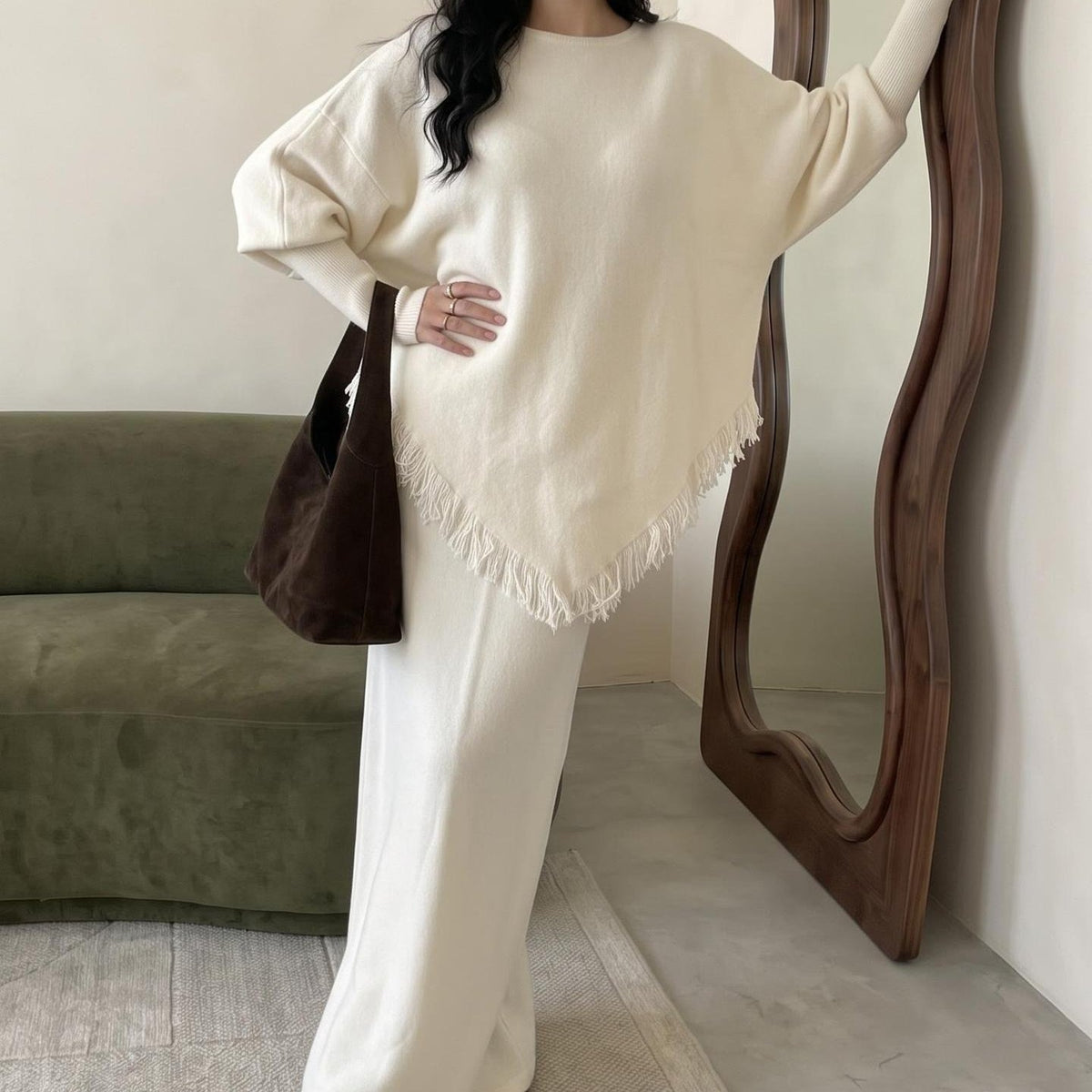 Asymmetric Fringe Knit Top & Maxi Skirt Set | Modest Two-Piece Outfit(MS581) - Mariam's Collection