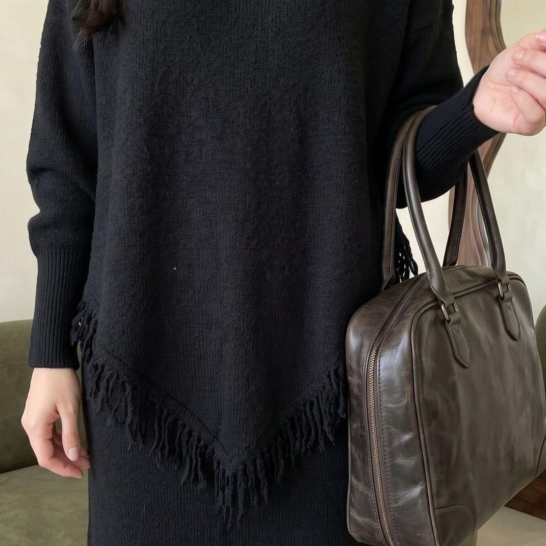 Asymmetric Fringe Knit Top & Maxi Skirt Set | Modest Two-Piece Outfit(MS581) - Mariam's Collection