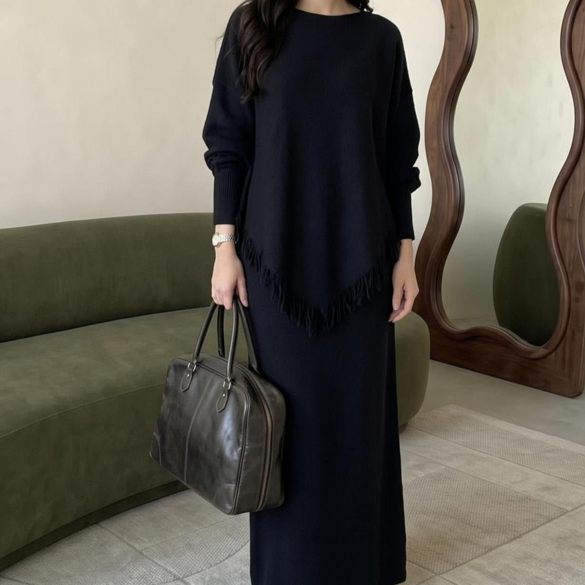 Asymmetric Fringe Knit Top & Maxi Skirt Set | Modest Two-Piece Outfit(MS581) - Mariam's Collection