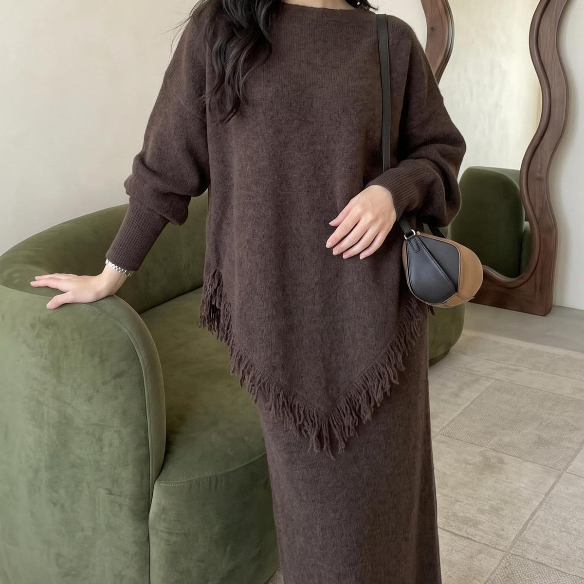 Asymmetric Fringe Knit Top & Maxi Skirt Set | Modest Two-Piece Outfit(MS581) - Mariam's Collection